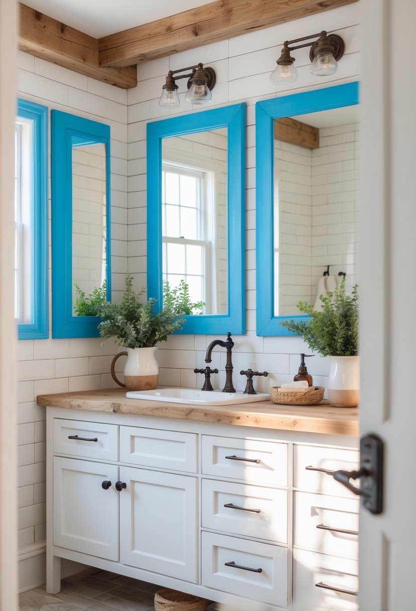 A bathroom with blue-framed mirrors and rustic wood accents above a white vanity with natural light.