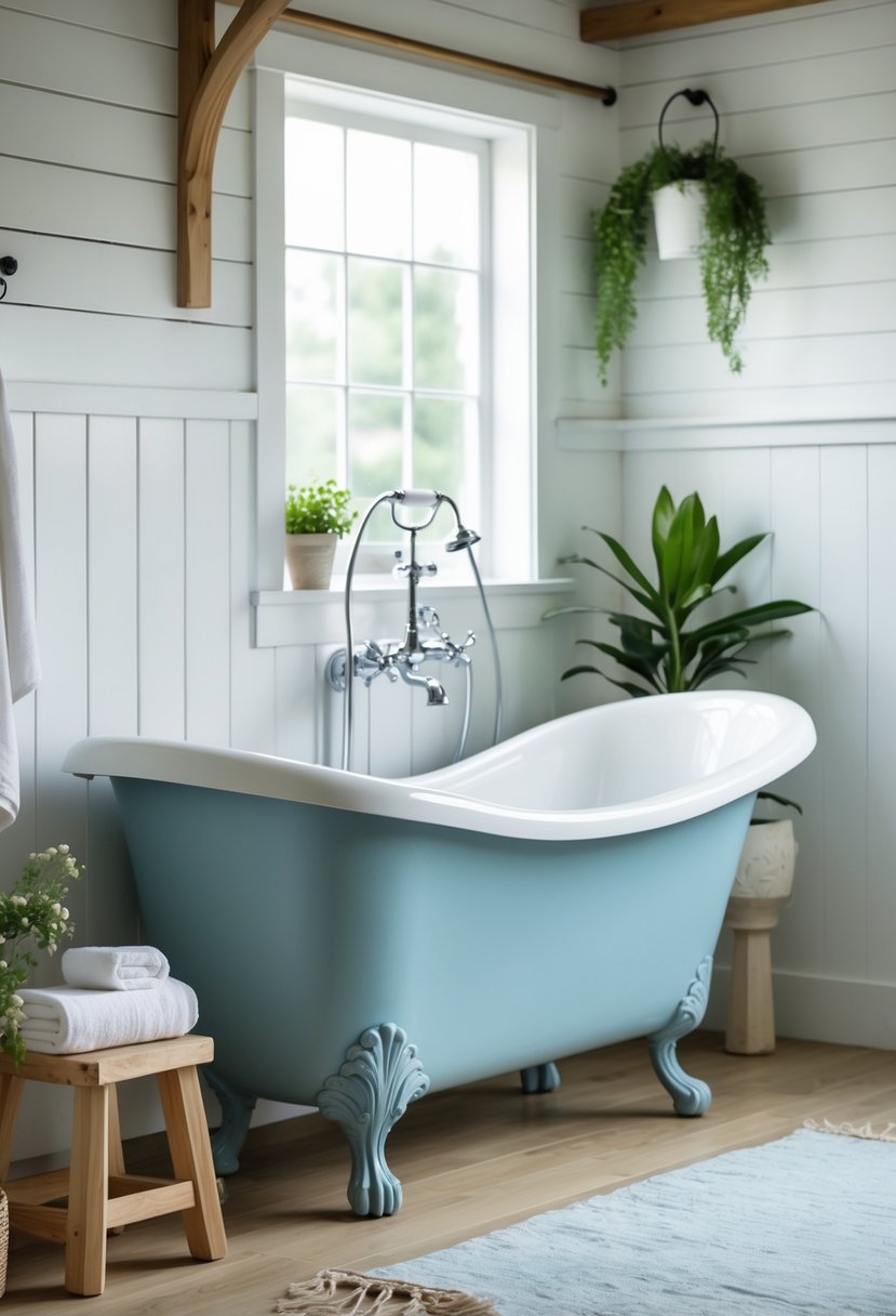 A bathroom with a blue clawfoot bathtub, wooden floor, white walls, and natural light coming through a window.