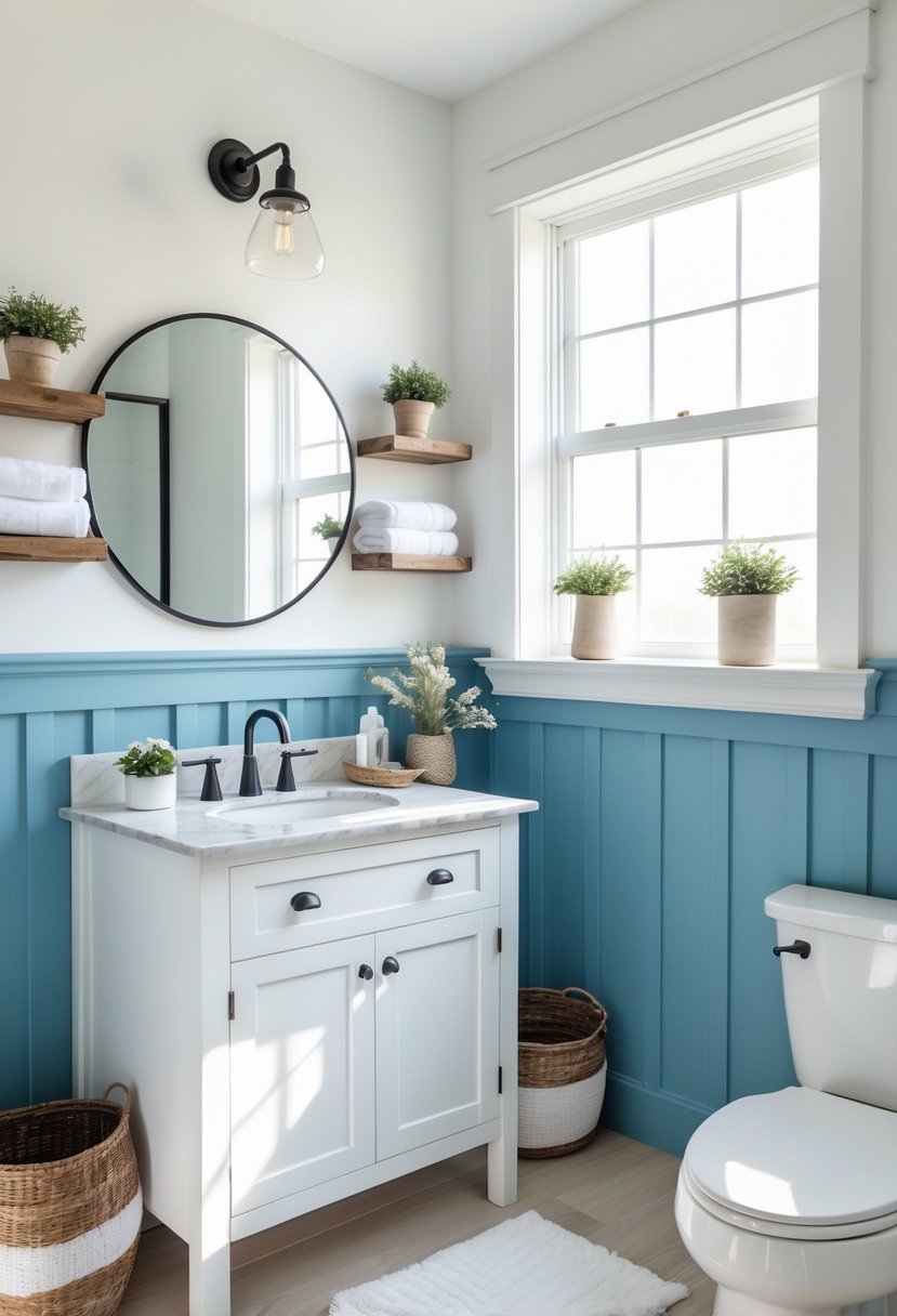 A bathroom with blue painted wainscoting, a white vanity with a round mirror, wooden shelves with towels and plants, and natural light coming through a window.