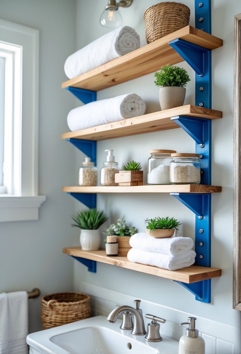 A bathroom with blue and natural wood shelves holding towels, plants, and bathroom items above a white sink.