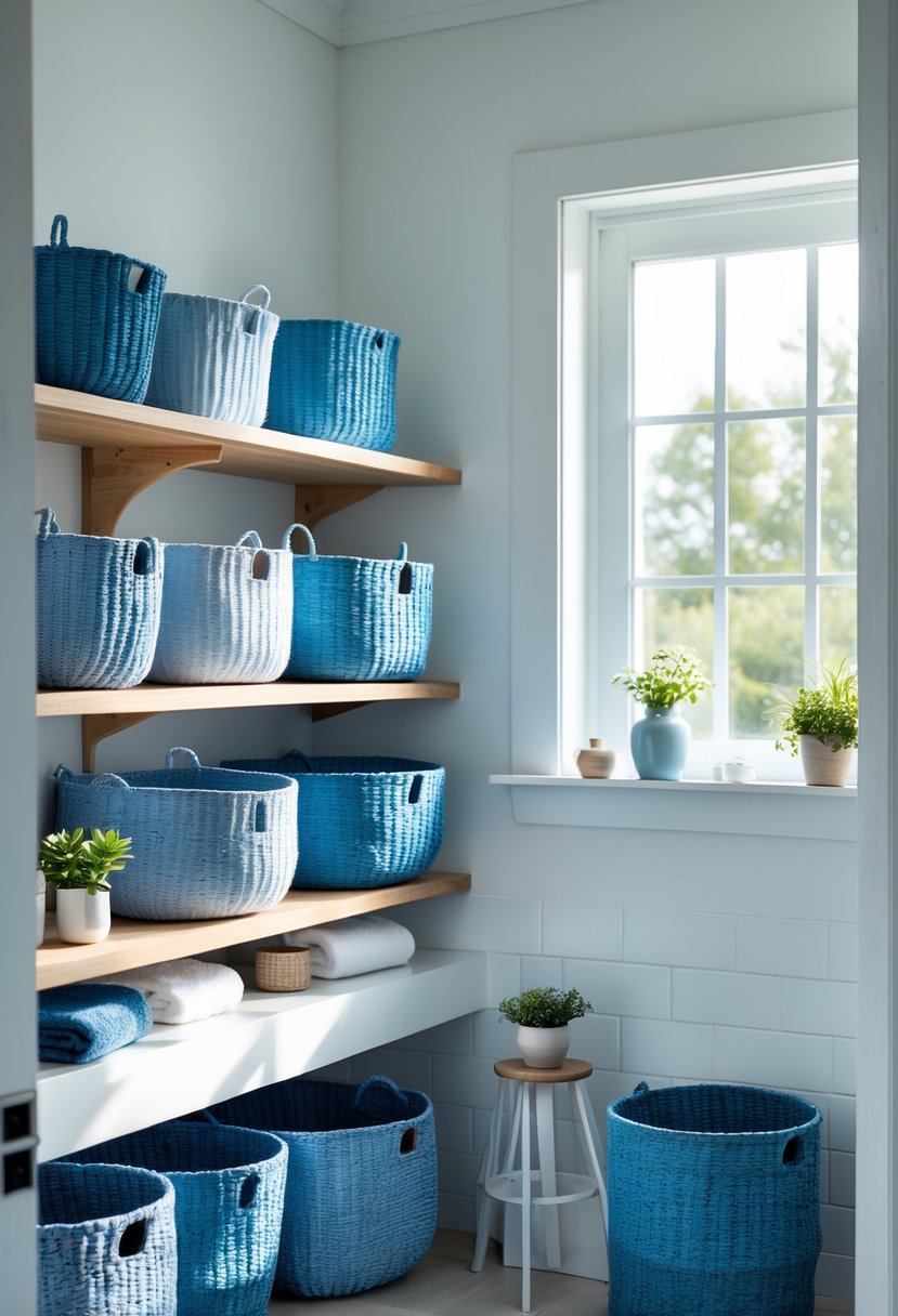 A clean bathroom with blue linen storage baskets arranged on shelves and a countertop, surrounded by wooden accents and green plants.
