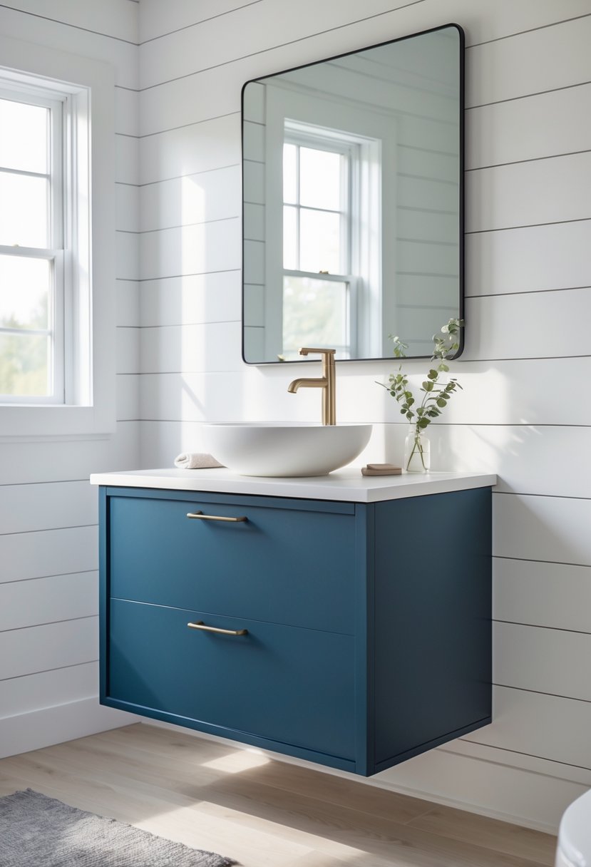 A bathroom with a deep blue floating vanity, white walls, a large mirror, and natural light coming through a window.