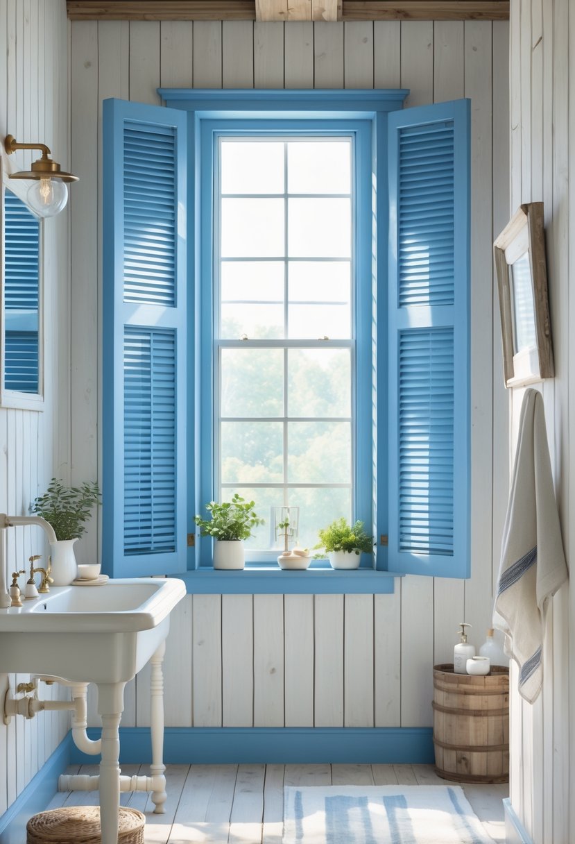 A farmhouse bathroom with a large window featuring blue framed window treatments, white walls, a farmhouse sink, and natural light coming through.