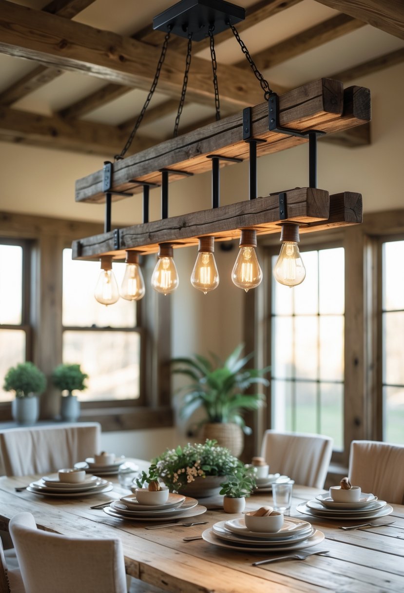 A wooden beam chandelier with multiple hanging bulbs above a dining table set in a warmly lit room.