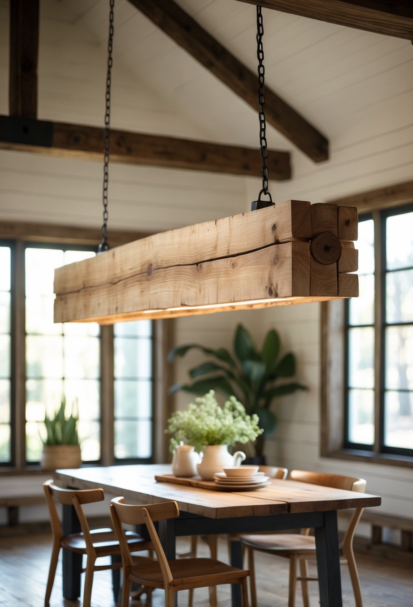A handcrafted wooden plank pendant light hanging above a dining table in a warmly lit room.