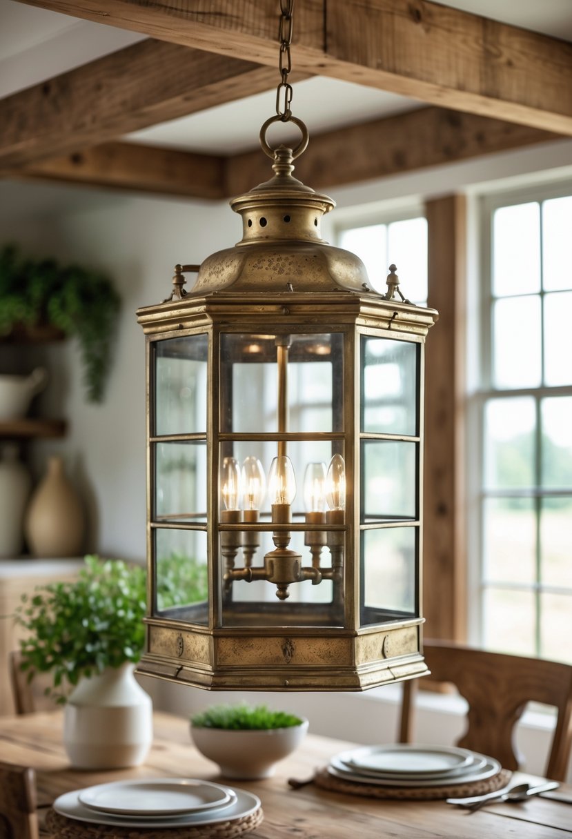 A brass lantern light fixture hanging above a wooden dining table in a cozy dining room.