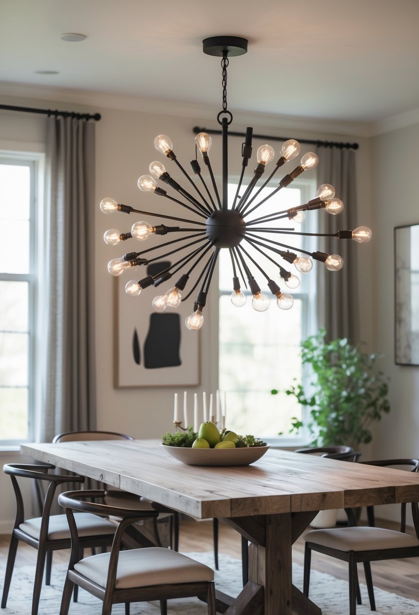 A dining room with a large wooden table and a black iron chandelier hanging above it.