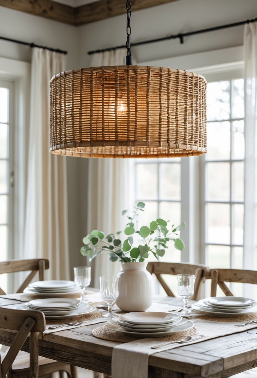 A dining room with a wooden table and chairs, featuring a woven rattan drum shade light fixture hanging above the table.