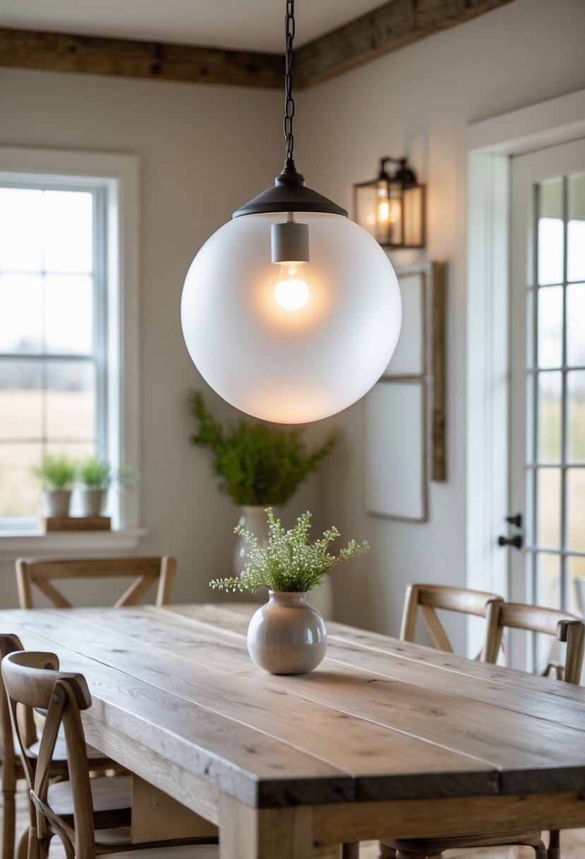 A frosted glass globe pendant light hanging above a wooden dining table in a farmhouse dining room.