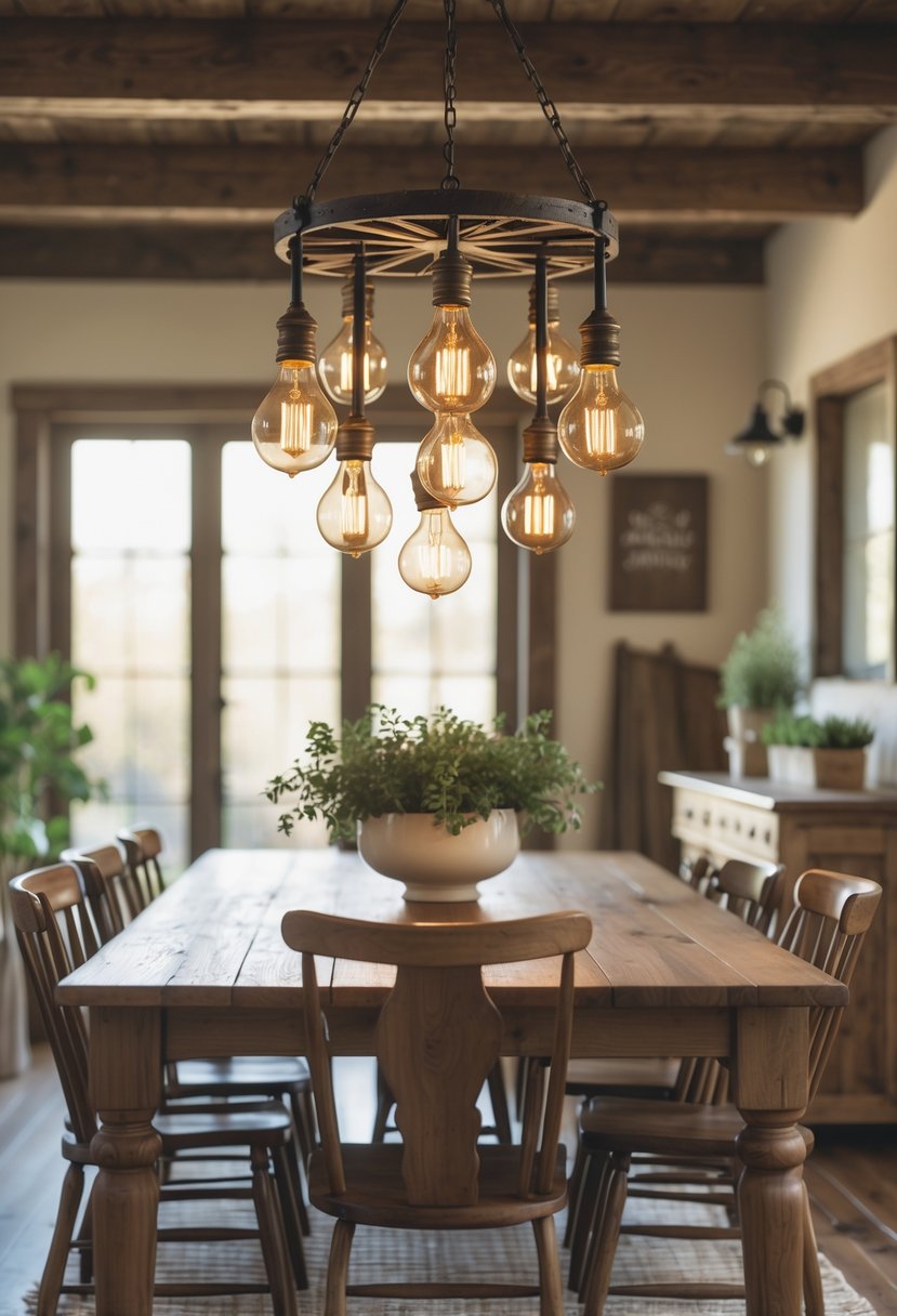 A dining room with a wooden table and chairs illuminated by a chandelier with multiple glowing Edison bulbs.