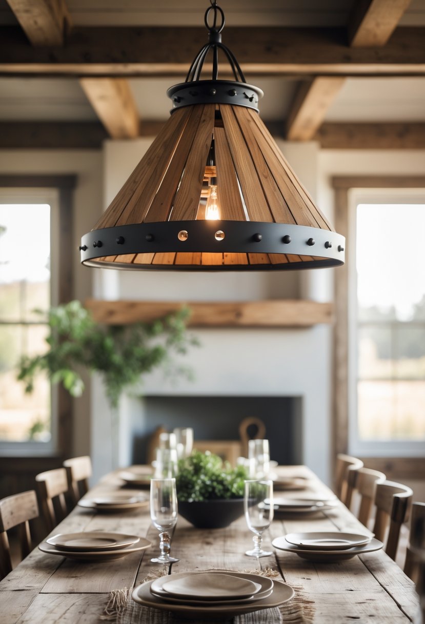 A dining room with a wooden table and a hanging light fixture made of iron and wood above it.