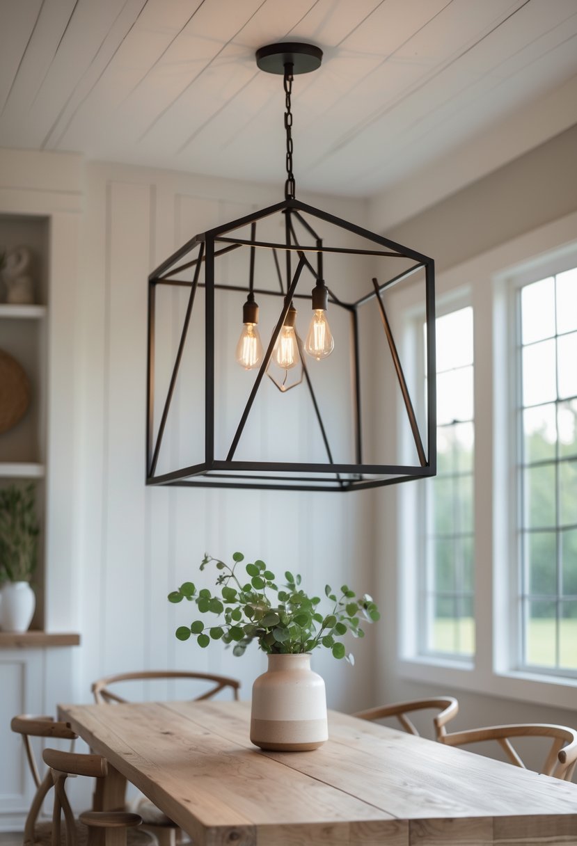 Dining room with a wooden table and a geometric metal frame pendant light hanging above it.