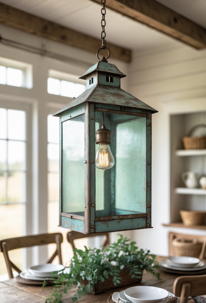 A weathered tin lantern hanging above a wooden dining table in a farmhouse dining room.