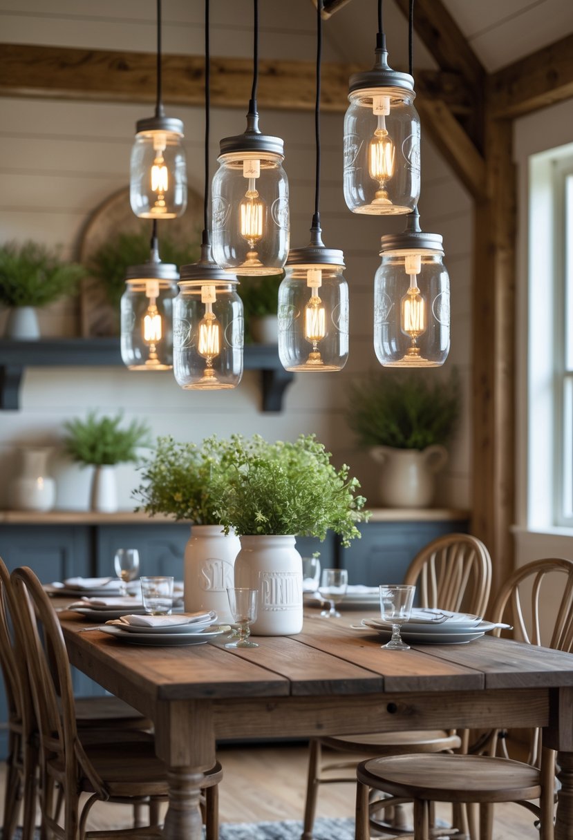 Dining room with a wooden table and hanging mason jar pendant lights illuminating the space.