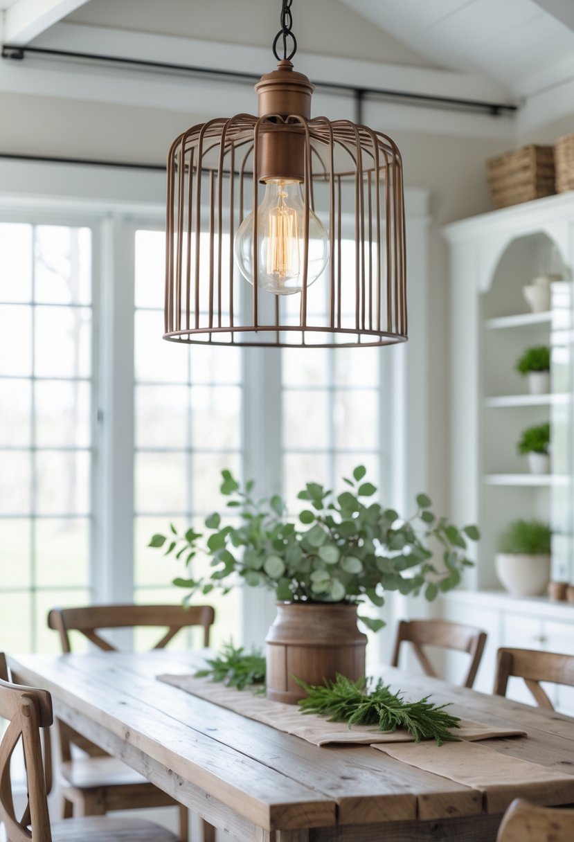 Dining room with a bronzed cage pendant light hanging over a wooden table and chairs.
