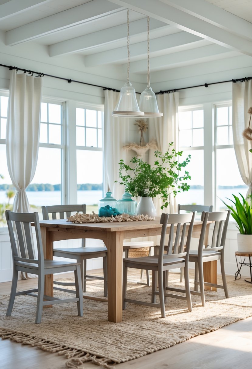 A bright dining room with a wooden table and chairs, natural jute rug on the floor, large windows, and green plants.