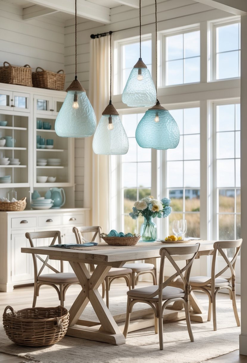 A bright dining room with sea glass pendant lights hanging above a wooden table set for a meal.