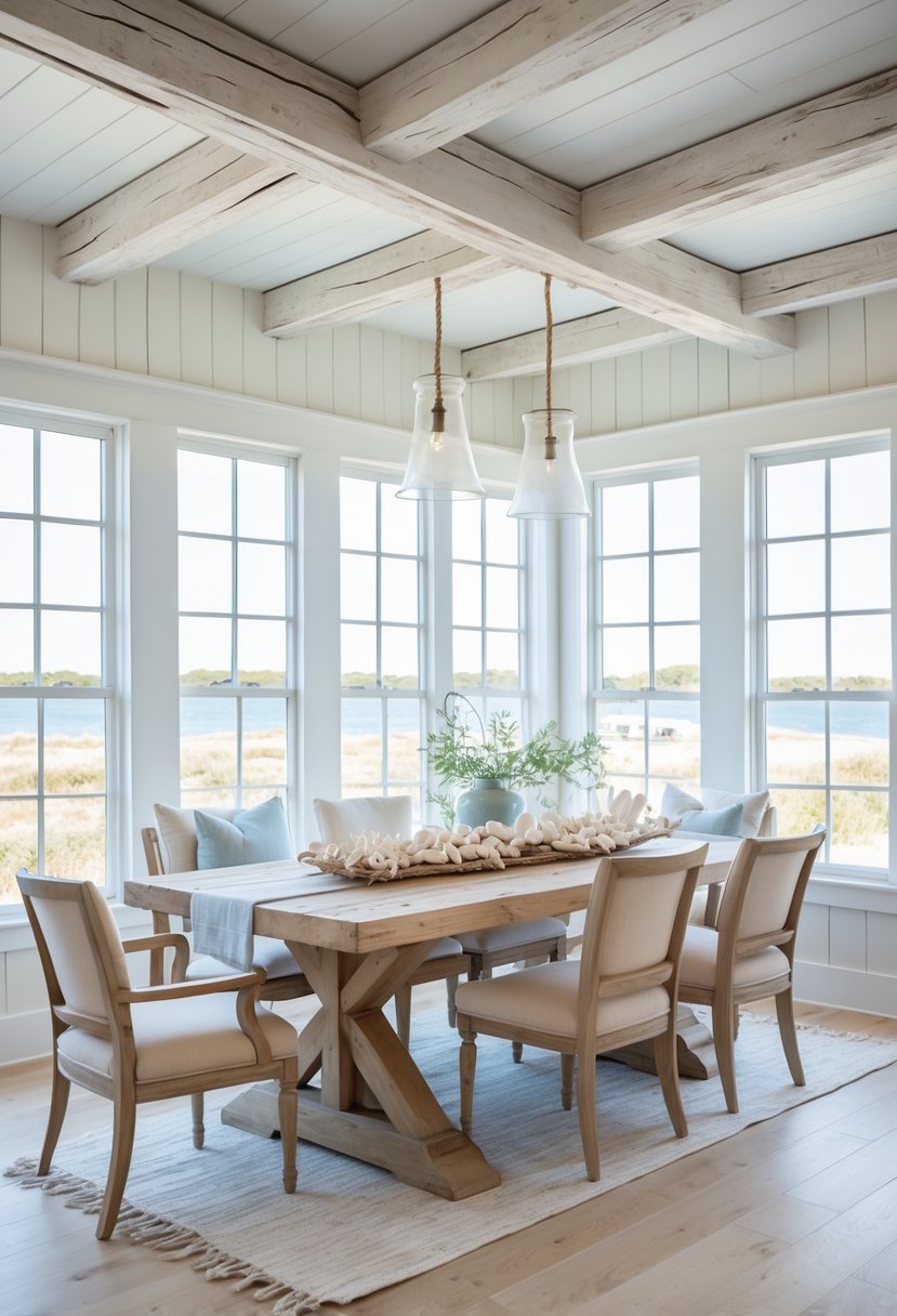 A bright dining room with whitewashed wooden beams, a rustic wooden table, chairs, and natural light coming through large windows.