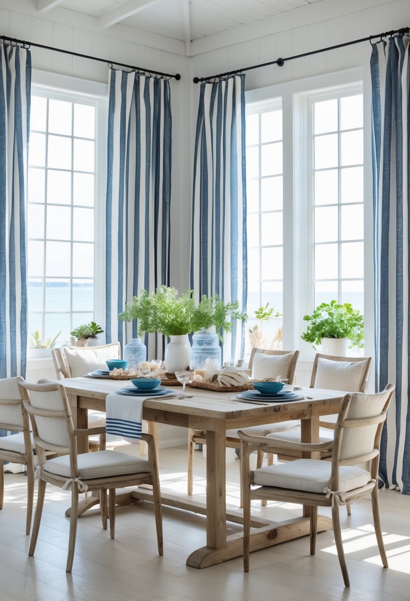A dining room with striped navy and white curtains, a wooden table, chairs, and natural light coming through large windows.