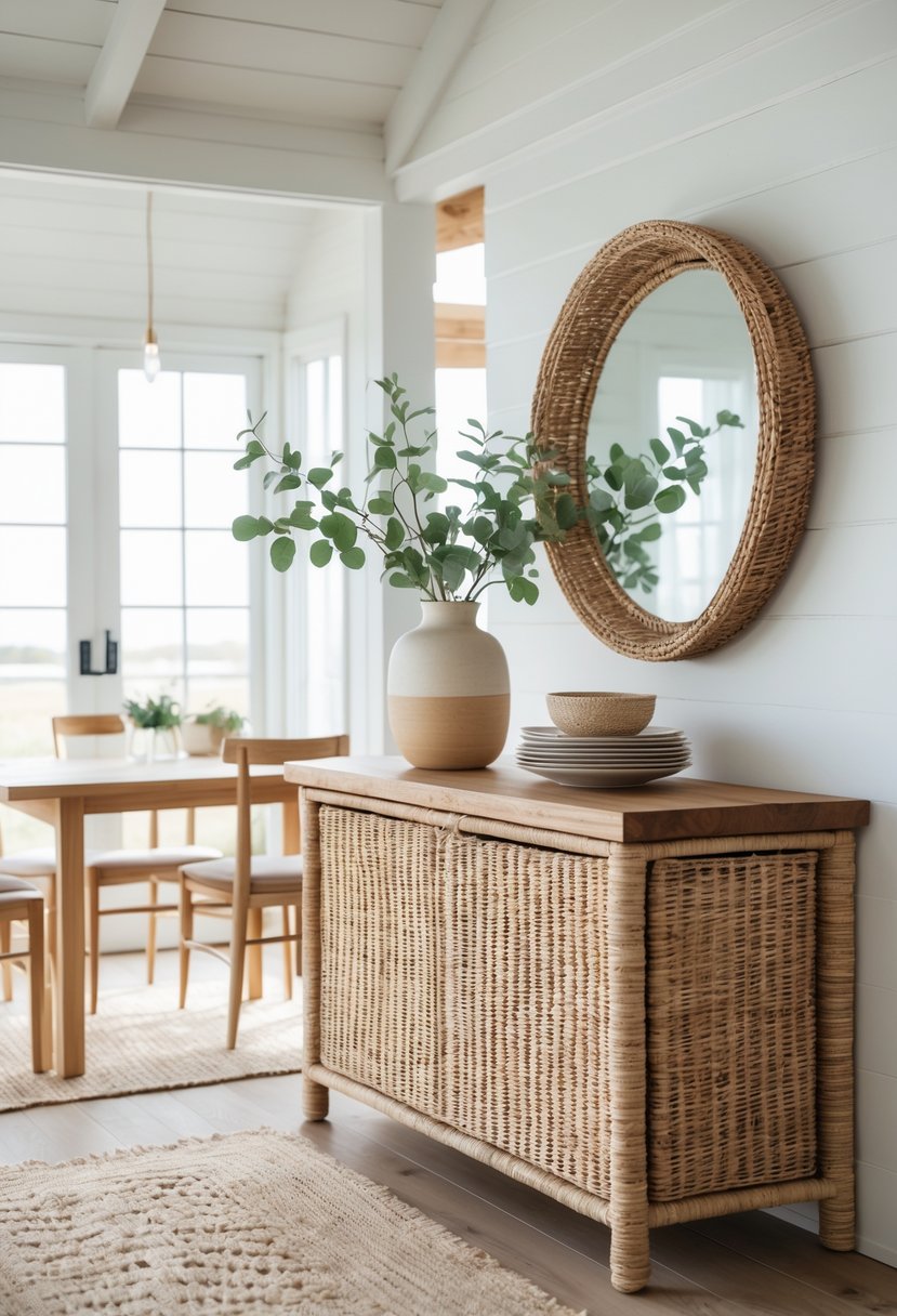 A bright dining room with a wicker sideboard, wooden table, chairs, and decorative plants near large windows.