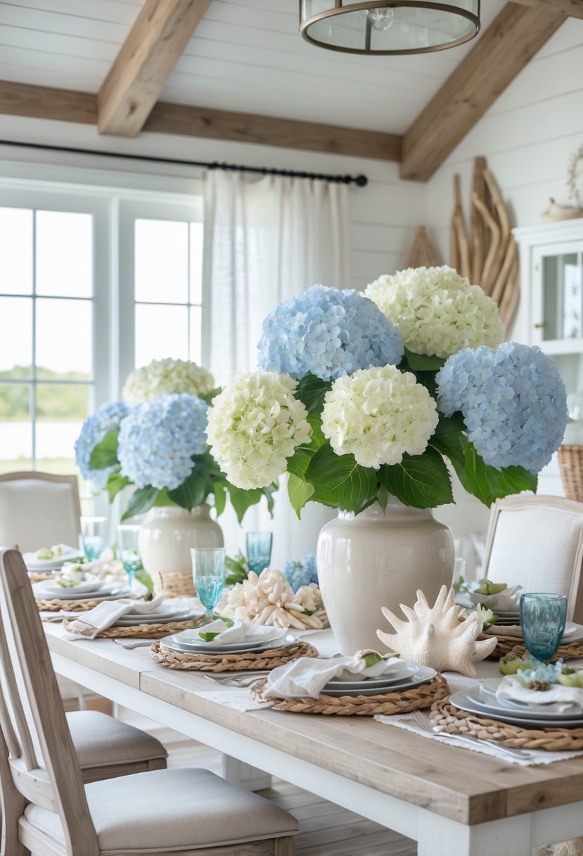 A dining room with a wooden table featuring hydrangea floral arrangements in vases, surrounded by chairs and bright natural light coming through large windows.