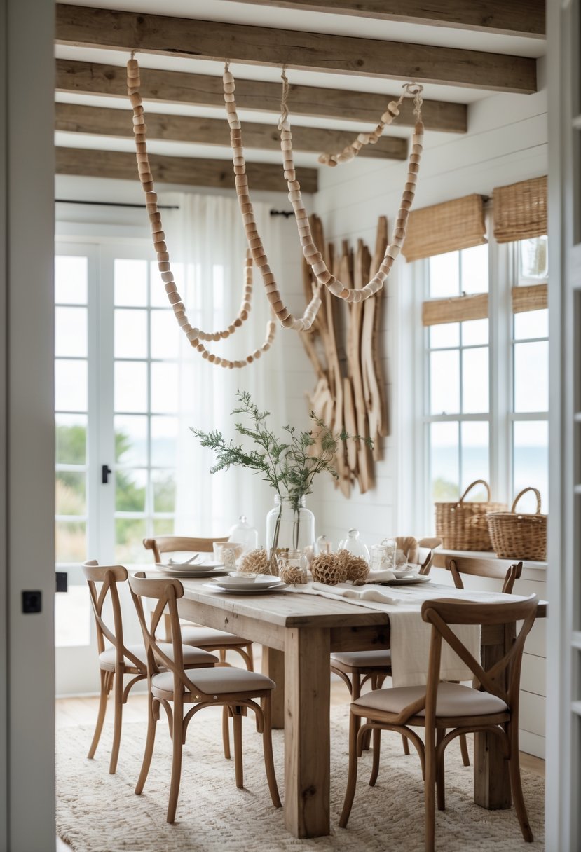 A dining room with a wooden table, chairs, and wooden bead garlands as decoration, illuminated by natural light from windows.