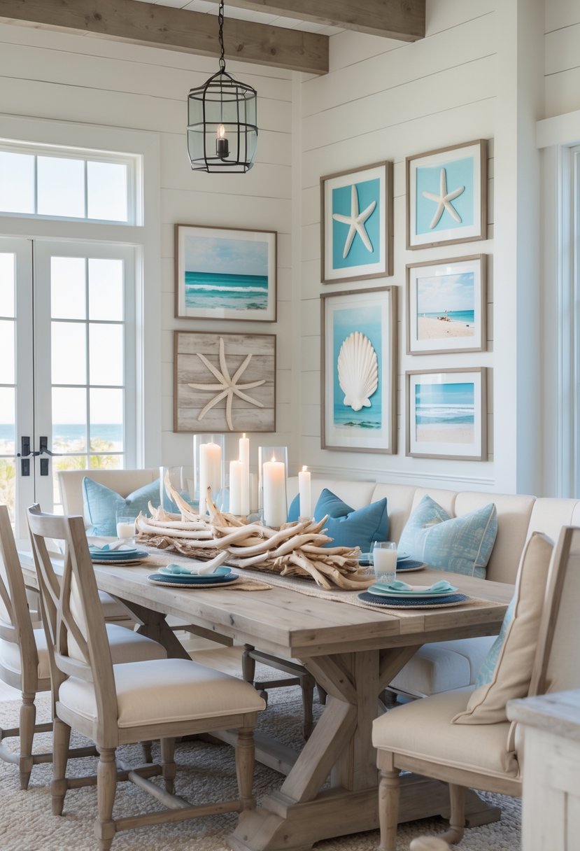 A bright dining room with coastal-themed wall art, a rustic wooden table, and comfortable chairs, decorated with nautical elements and natural light.