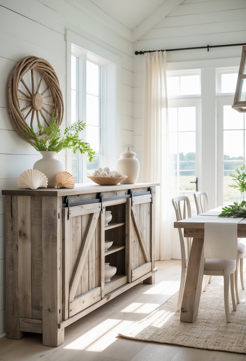 A reclaimed barn door buffet in a bright dining room with natural light, wooden floors, and a dining table with chairs.