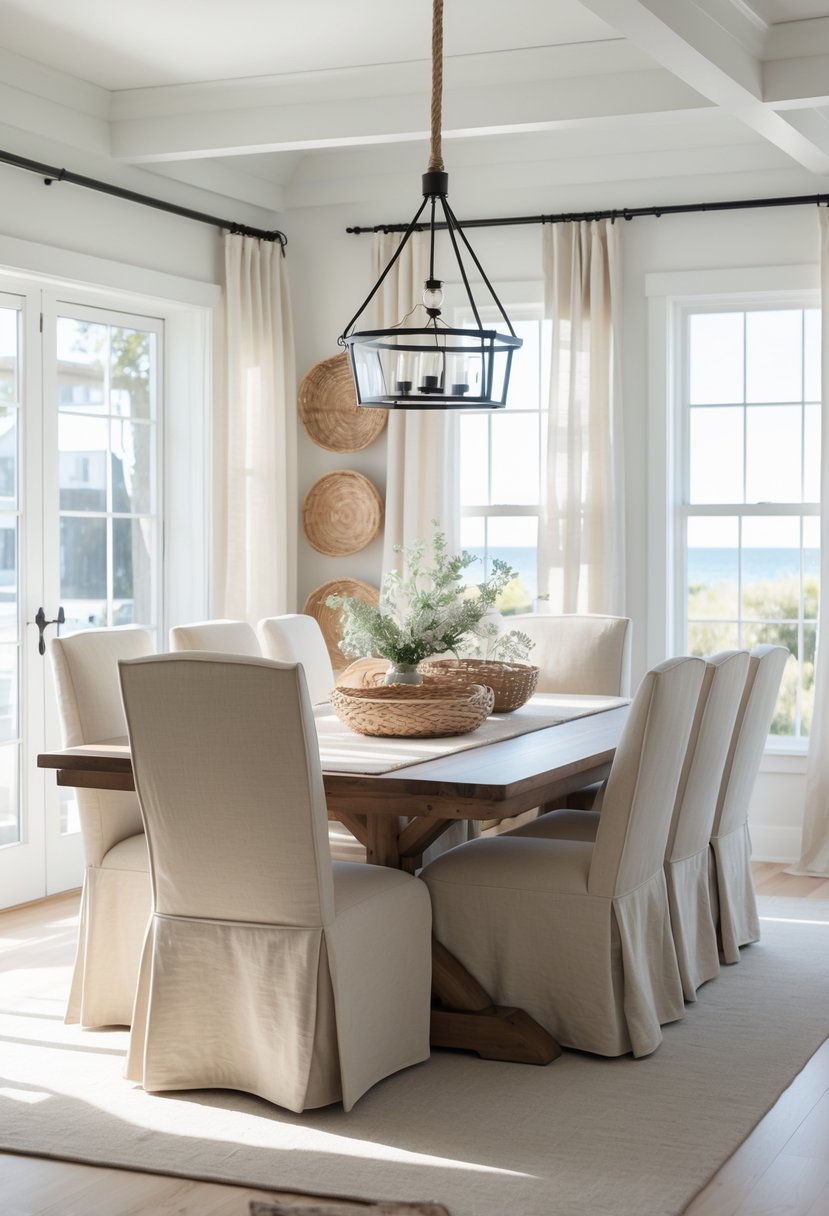 A dining room with light beige slipcovered chairs around a wooden table, illuminated by natural light from large windows.