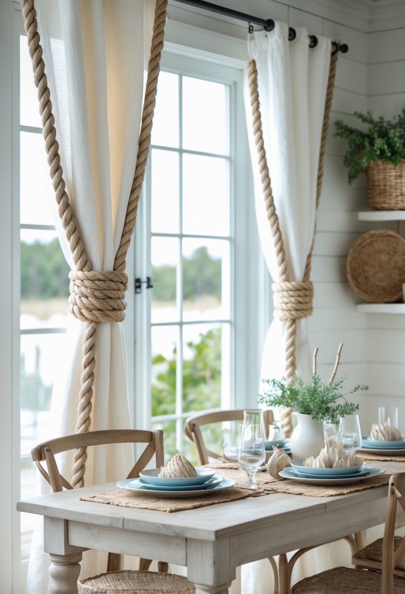 Dining room with curtains held back by thick nautical ropes, a wooden table, and coastal decor.