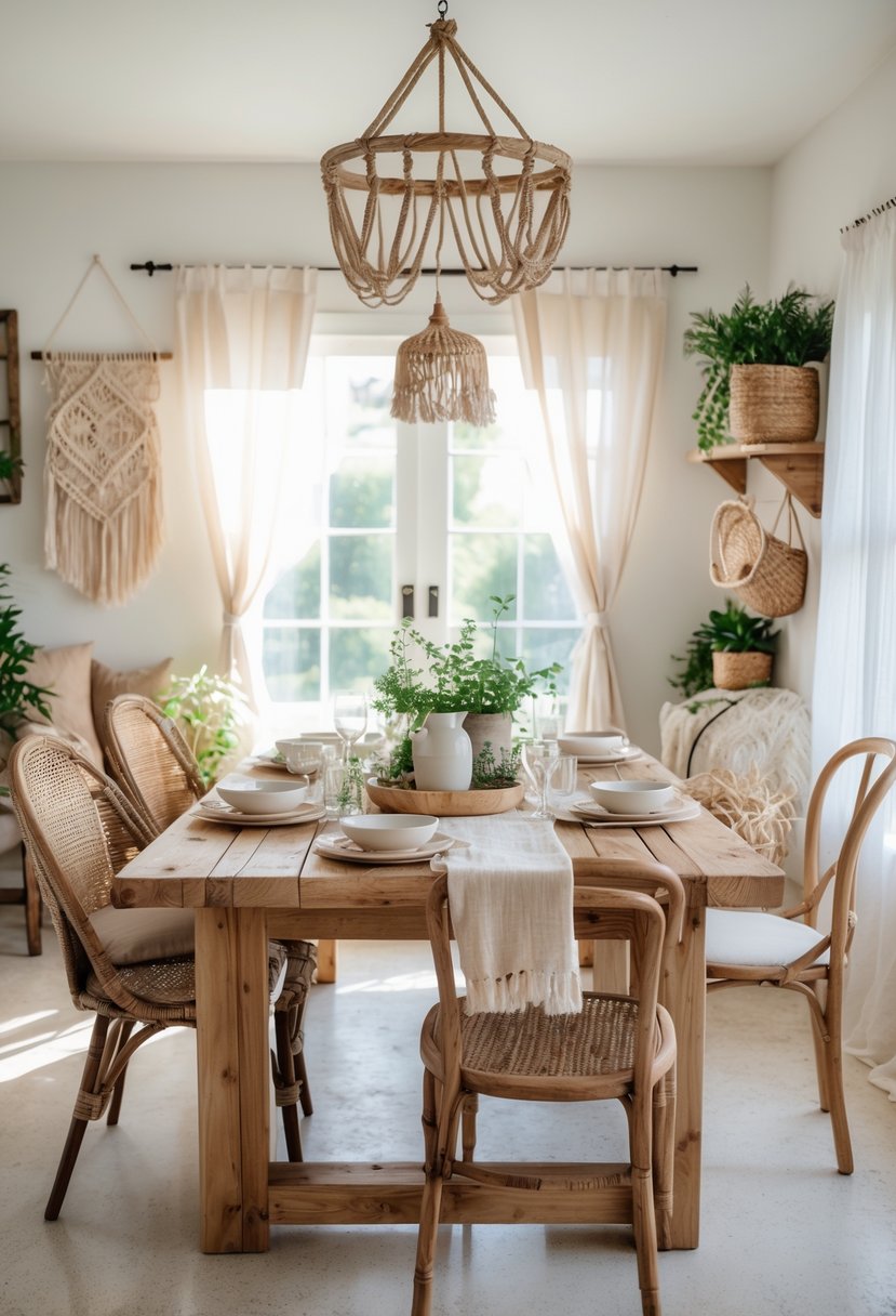 A cozy dining room with a wooden table, various chairs, hanging plants, and natural light coming through large windows.