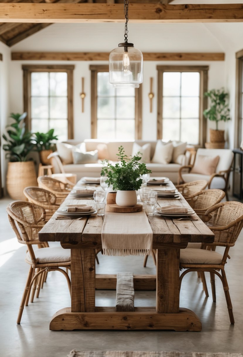 A spacious dining room with a large wooden dining table surrounded by chairs, natural light coming through windows, and plants and decor around the room.