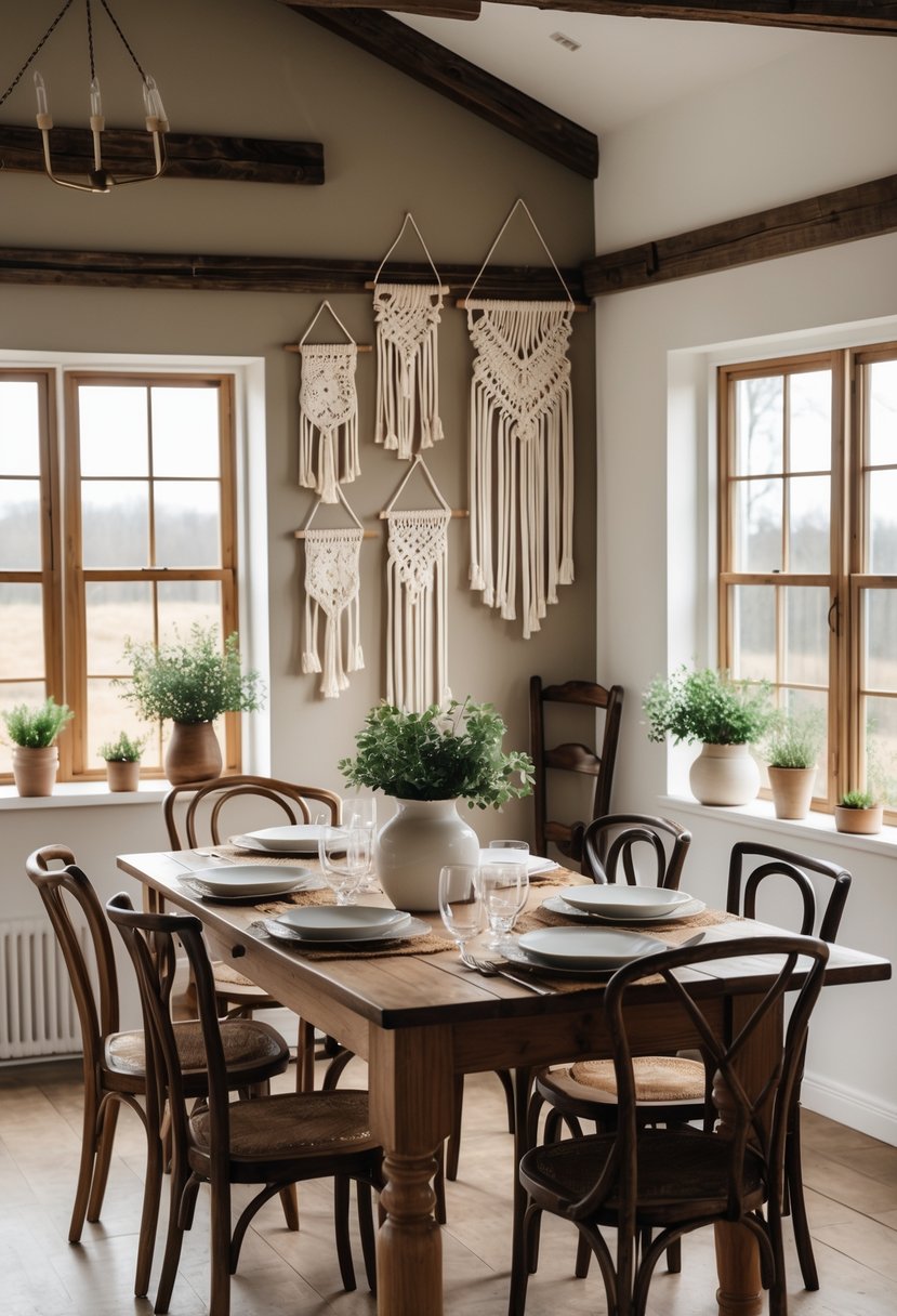 A dining room with a wooden table, chairs, macrame wall hangings on the wall, and plants near a window.