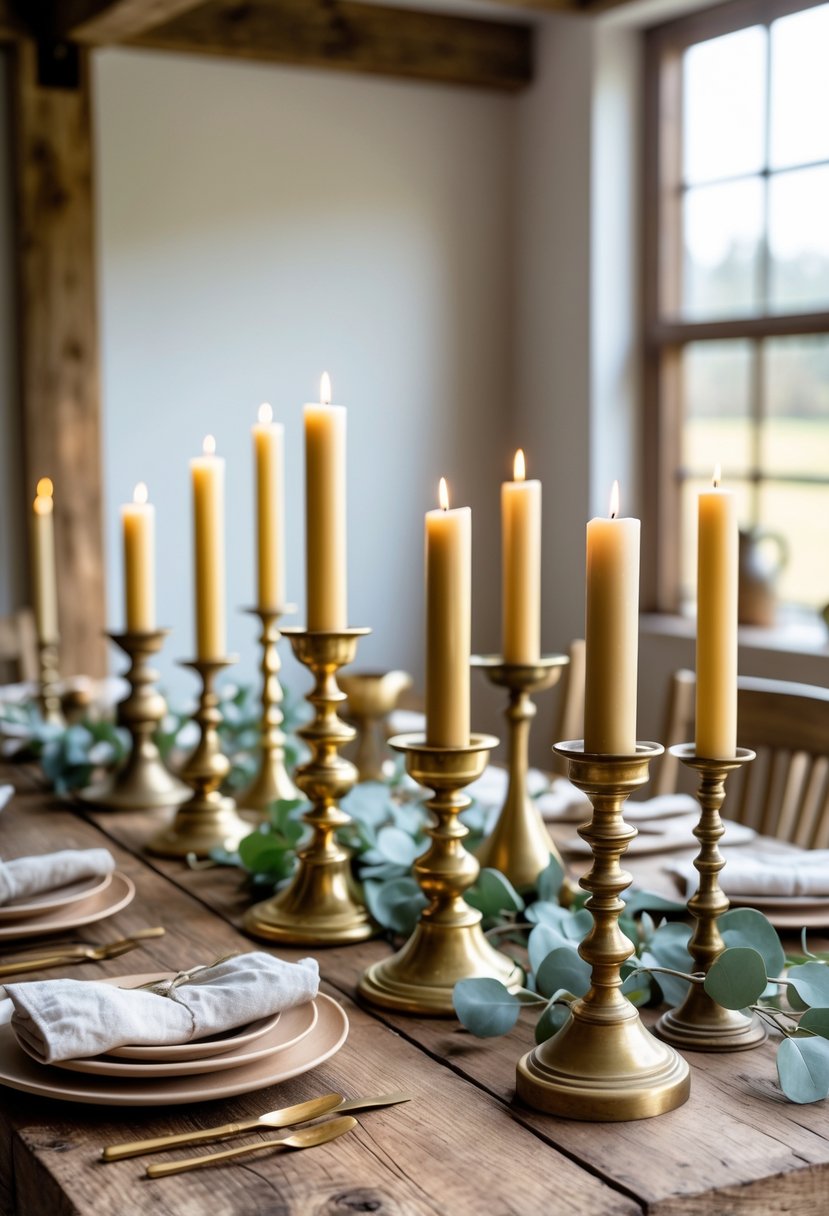 A rustic dining table with ten vintage brass candle holders arranged among plates, napkins, and greenery.