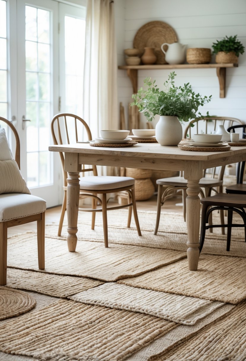 A dining room with a wooden table and chairs on layered natural fiber rugs, lit by soft natural light from large windows.