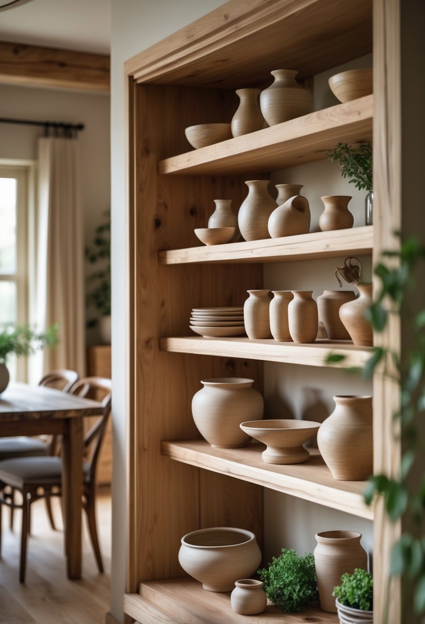 Open wooden shelves in a dining room displaying various pottery pieces like vases and bowls, with a wooden dining table and plants nearby.
