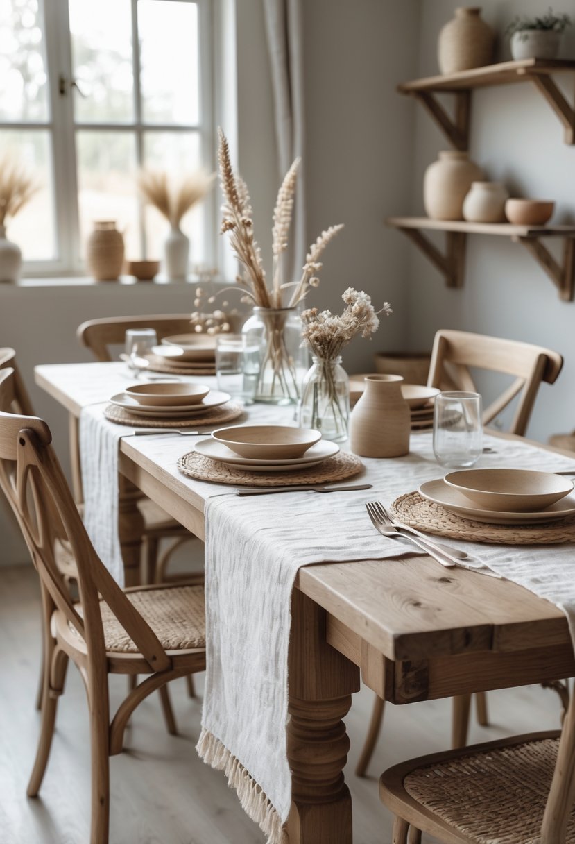 A wooden dining table with textured linen runners, set with plates and glassware, surrounded by chairs in a cozy room with natural light.