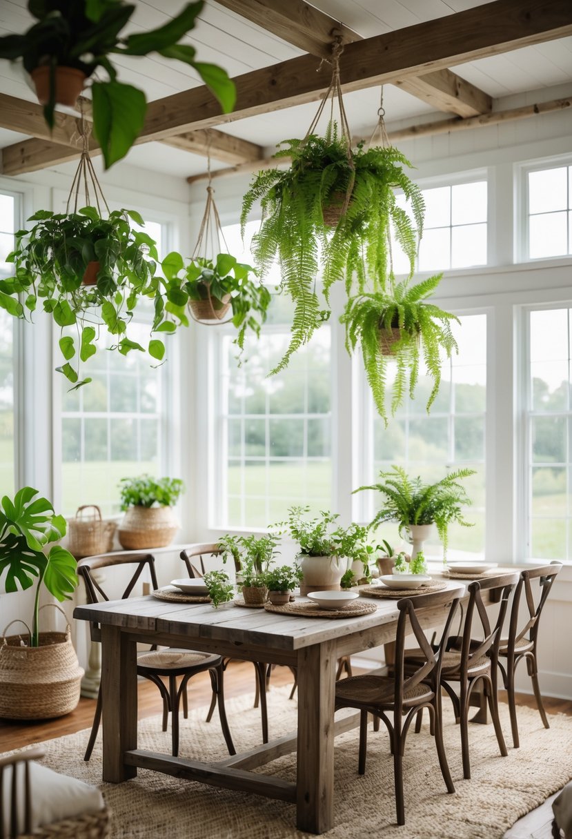 A dining room with hanging pothos and fern plants above a wooden table set for a meal, illuminated by natural light from large windows.