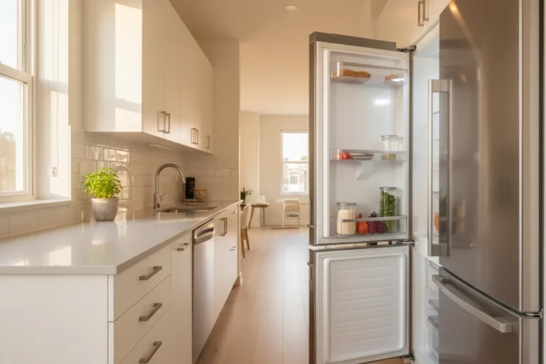 A narrow apartment kitchen with a fridge door opening toward an open walkway for better flow