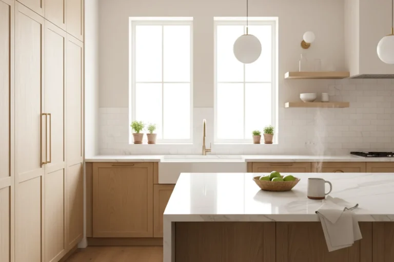 Bright modern kitchen with white marble quartz countertops and warm wood cabinetry