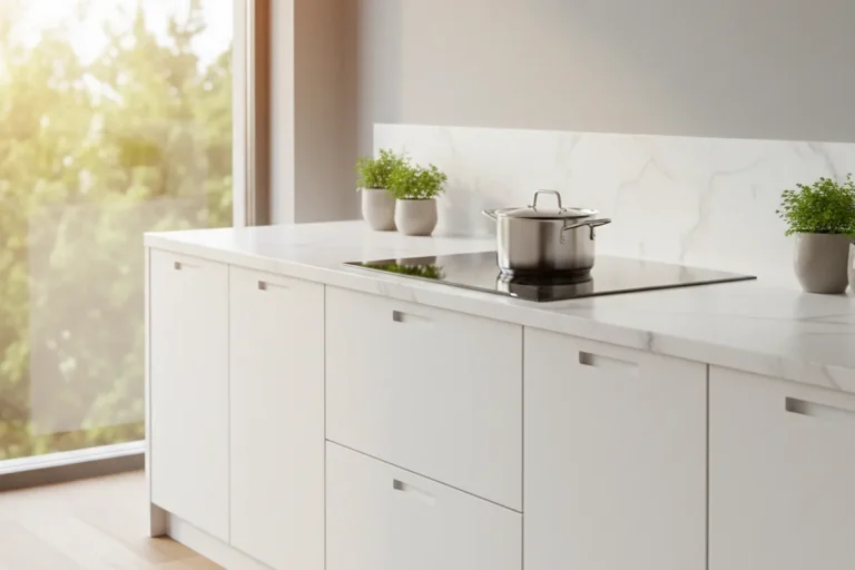Modern kitchen with a sleek black induction cooktop set into a white marble countertop