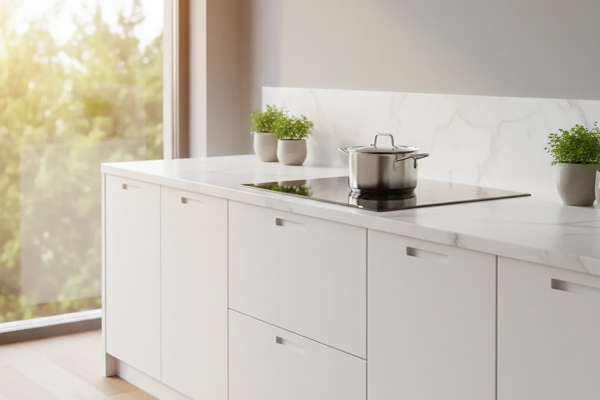 Modern kitchen with a sleek black induction cooktop set into a white marble countertop