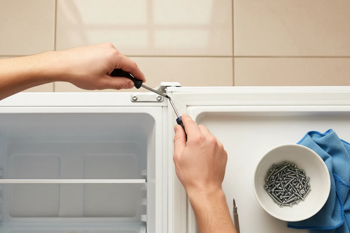 Person unscrewing a refrigerator door hinge to reverse the door swing direction