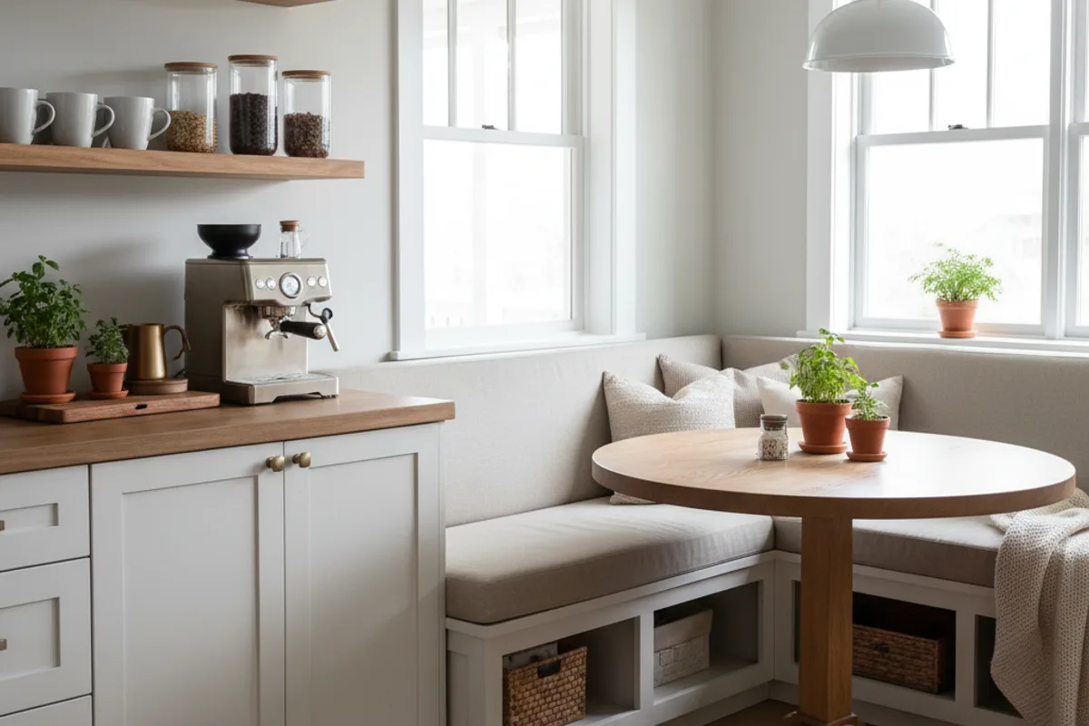Cozy kitchen coffee bar and breakfast nook with built-in storage and open shelving