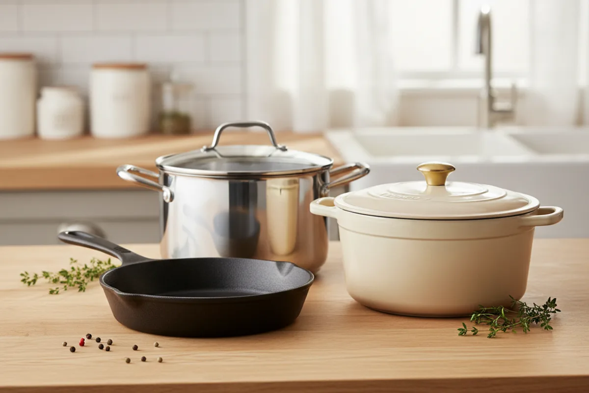 Cast iron skillet, stainless steel pot, and enameled Dutch oven compatible with induction cooktops