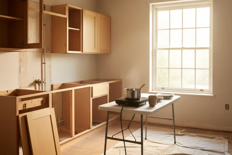 Kitchen mid-renovation with exposed subfloor and a temporary induction cooktop set up on a folding table