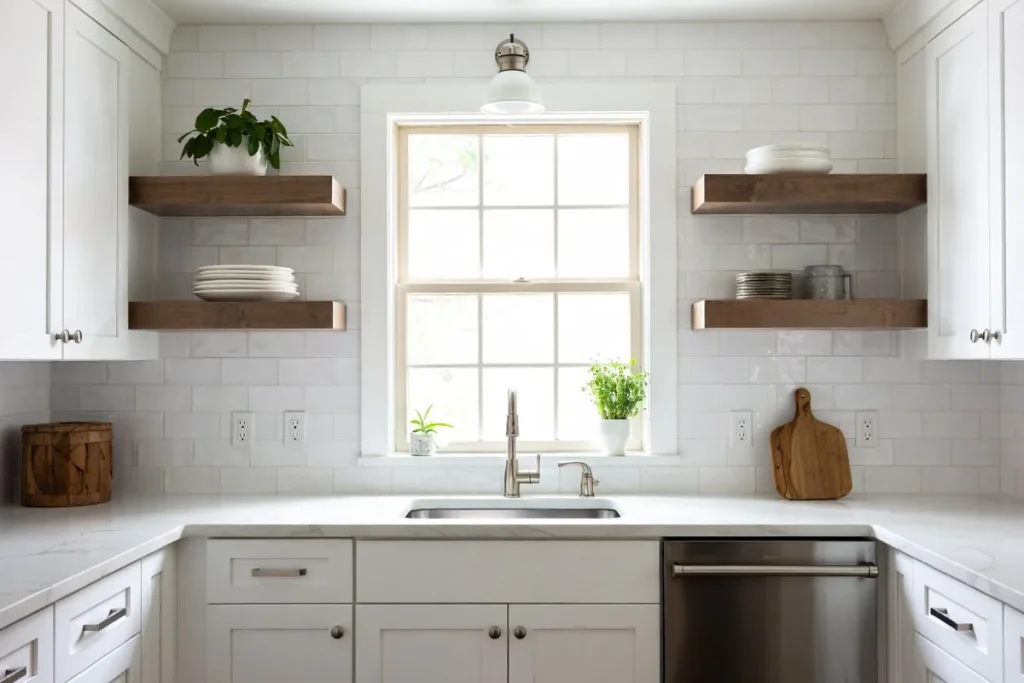 Bright white kitchen with glossy subway tile backsplash and white shaker cabinets