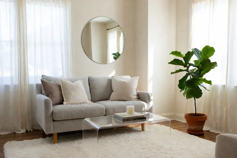 Small living room with cream walls, linen loveseat, clear coffee table, and large mirror creating a spacious open feel