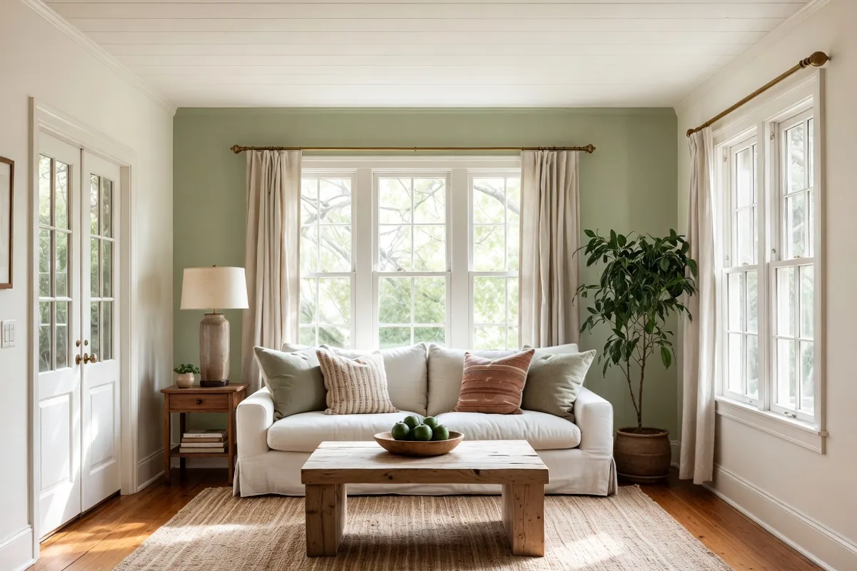 Small living room painted in warm off-white with monochromatic ceiling and trim creating a spacious open feel