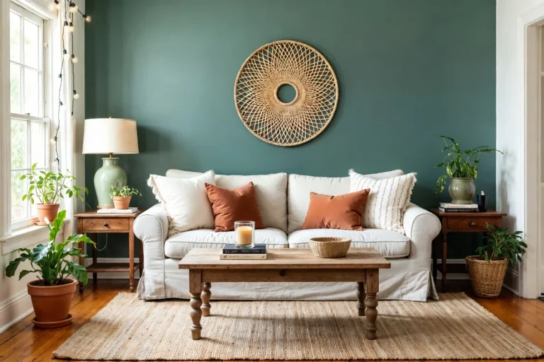 Cozy budget small living room makeover with green accent wall, thrifted furniture, and layered textiles